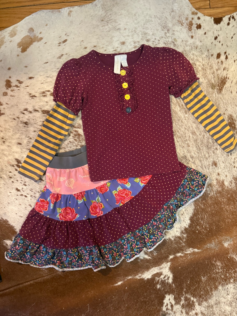 Matilda Jane Girls Burgundy Polka Dot Matching Set with Floral & Striped Layers